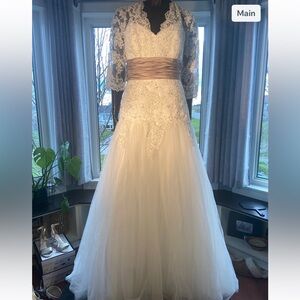 Alfred Angelo Lace Taupe Sash V Neck Gown